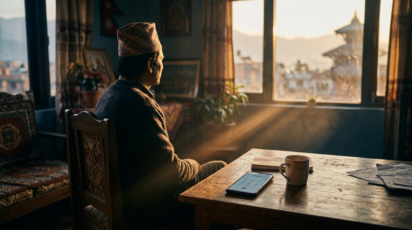 Morning sunlight streaming onto table with phone connected to helpline