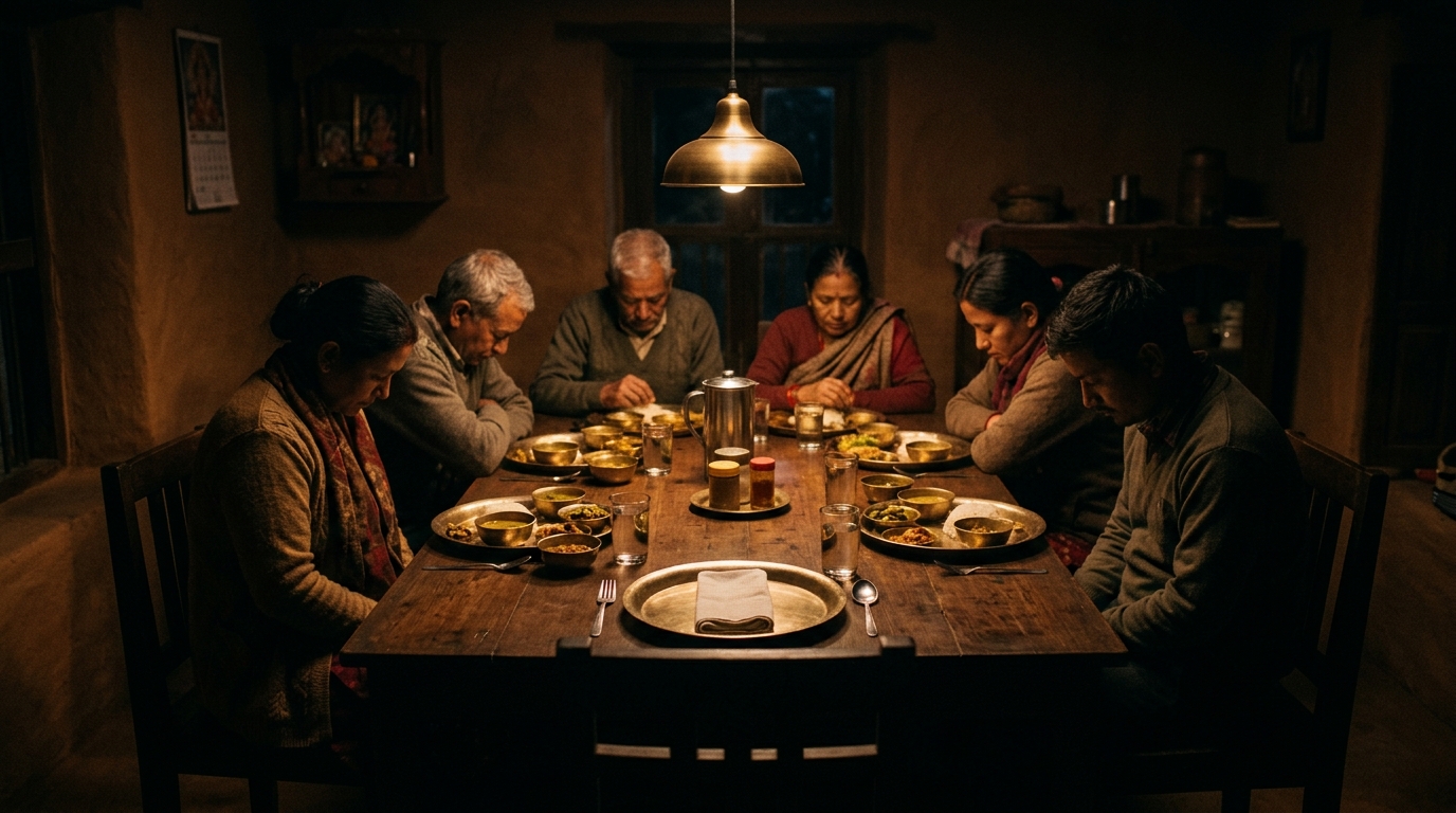 Family dinner table with one empty chair and untouched plate in heavy silence