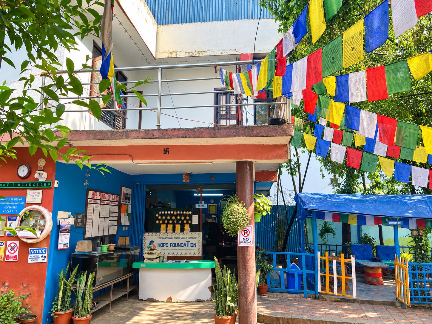 Wide shot of everyday life in the sanctuary courtyard