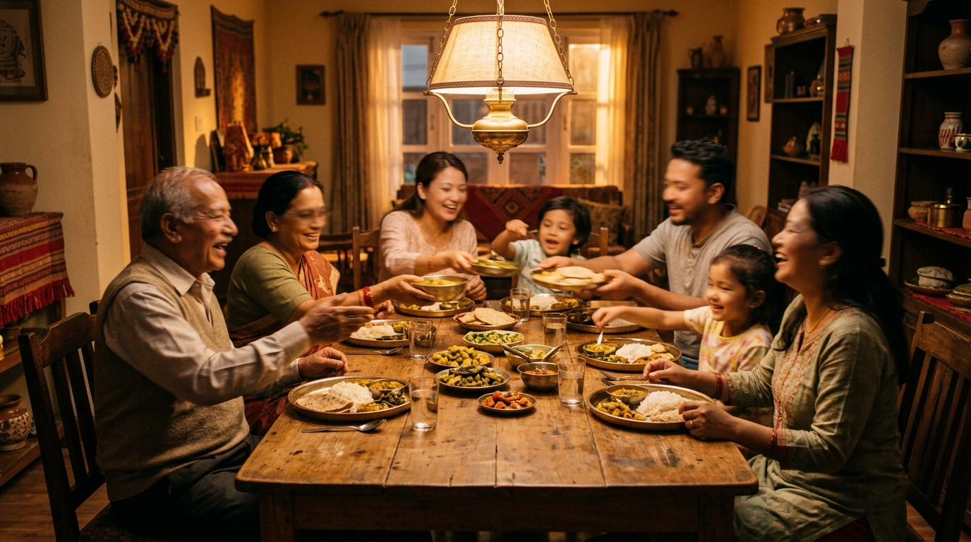 Reconciled family dinner table full of warmth and laughter