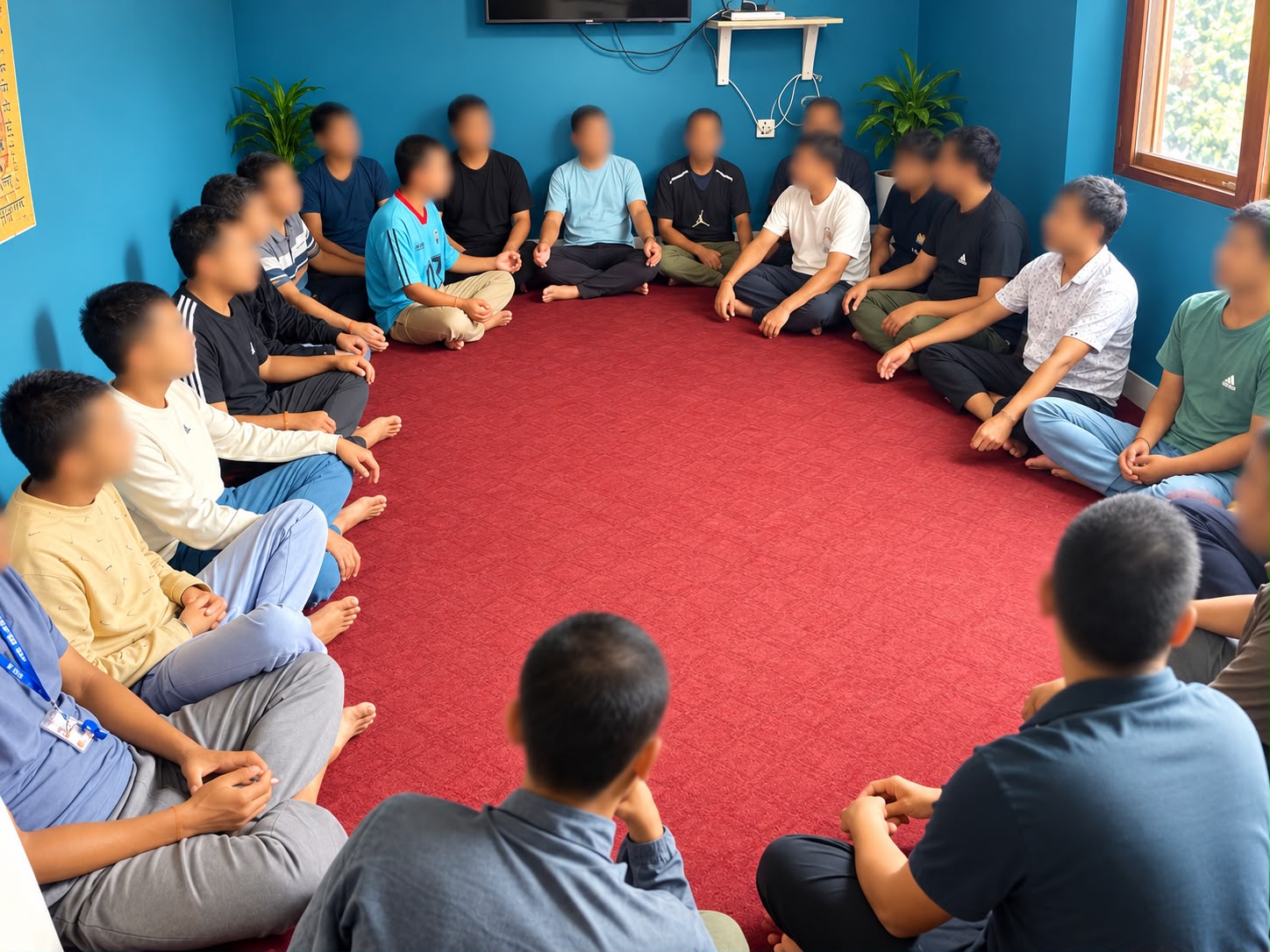 Support group circle with linked hands in warm light